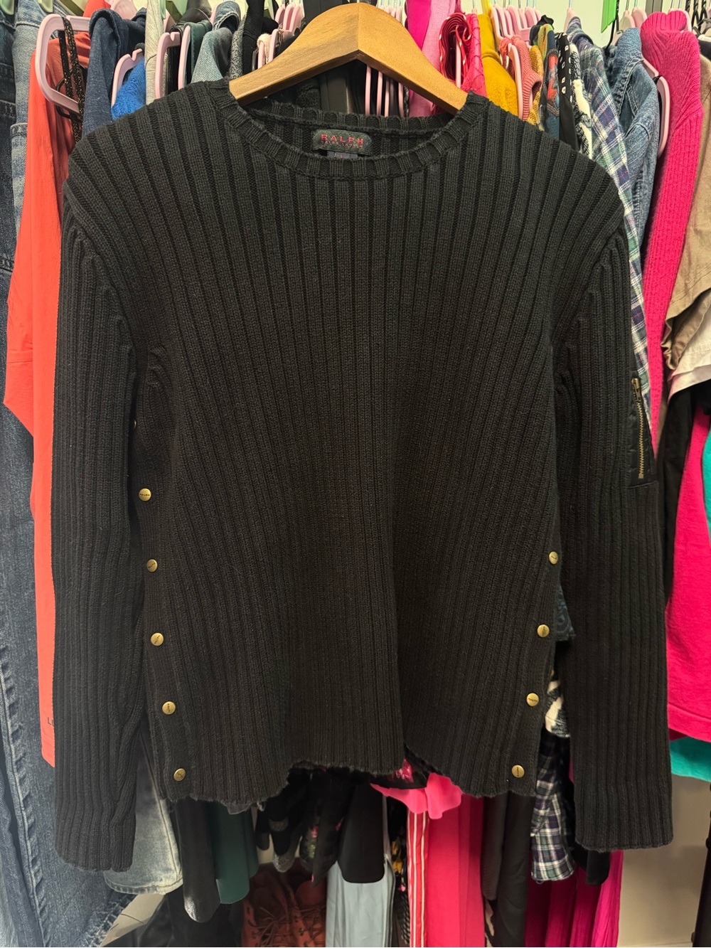 Vintage 90s RALPH Ralph Lauren Ribbed Knit Sweater Side Snaps Utility Arm Pocket